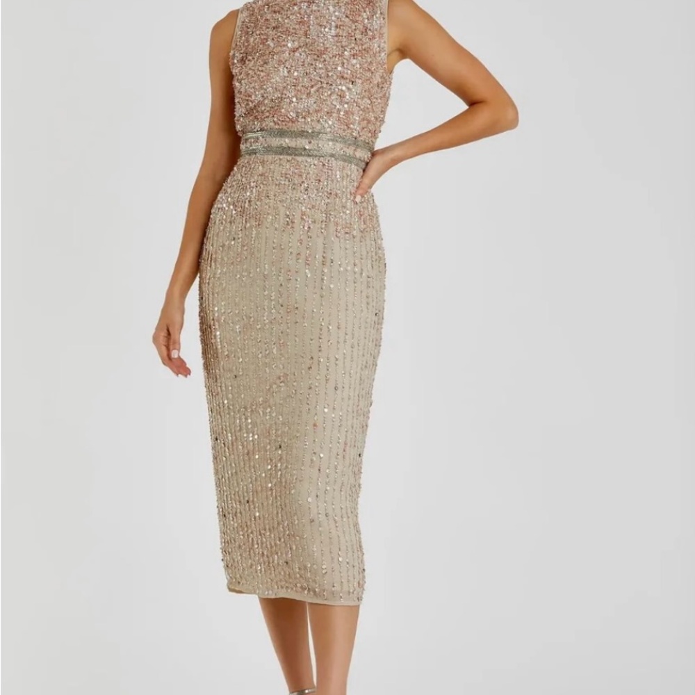 Mac Duggal Sleeveless High Neck Beaded Midi Sheath Dress